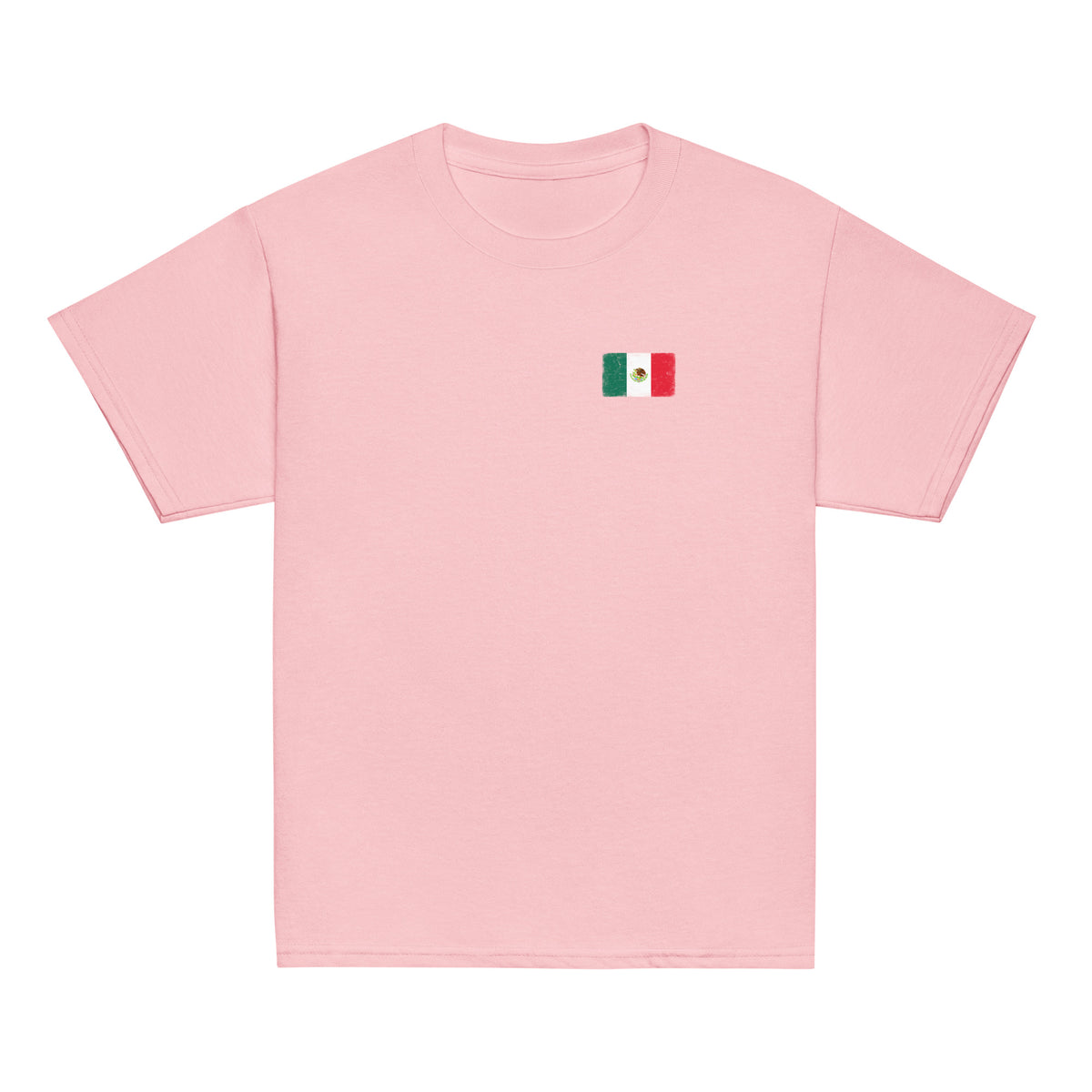 Mexico flag t-shirt in Light Pink, vintage-washed print, small flag on the left chest, kids cut, front view