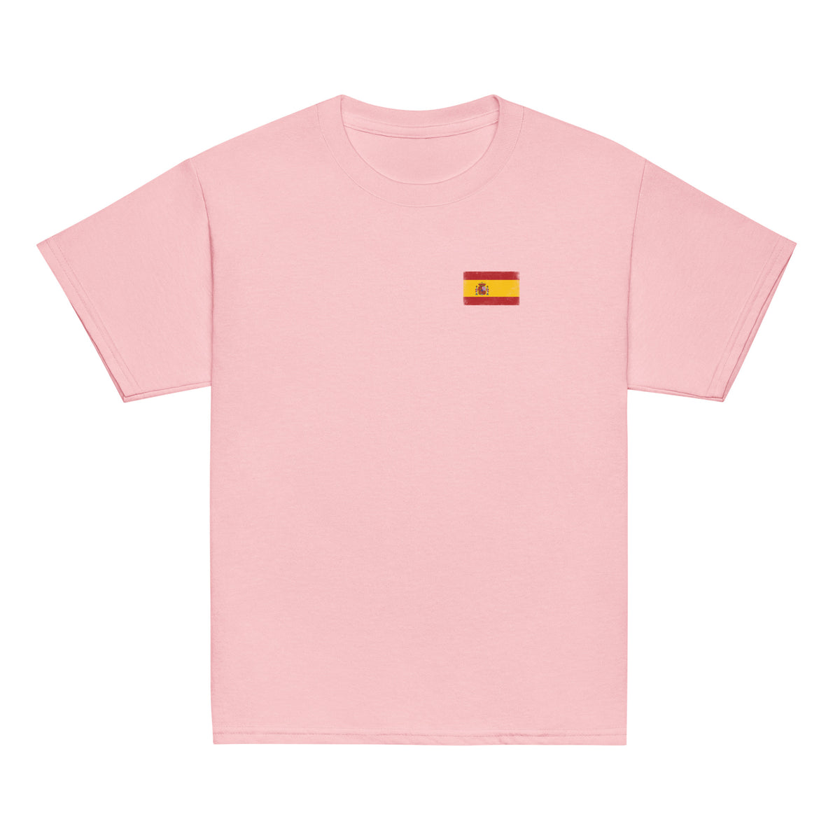 Spain flag t-shirt in Light Pink, vintage-washed print, small flag on the left chest, kids cut, front view