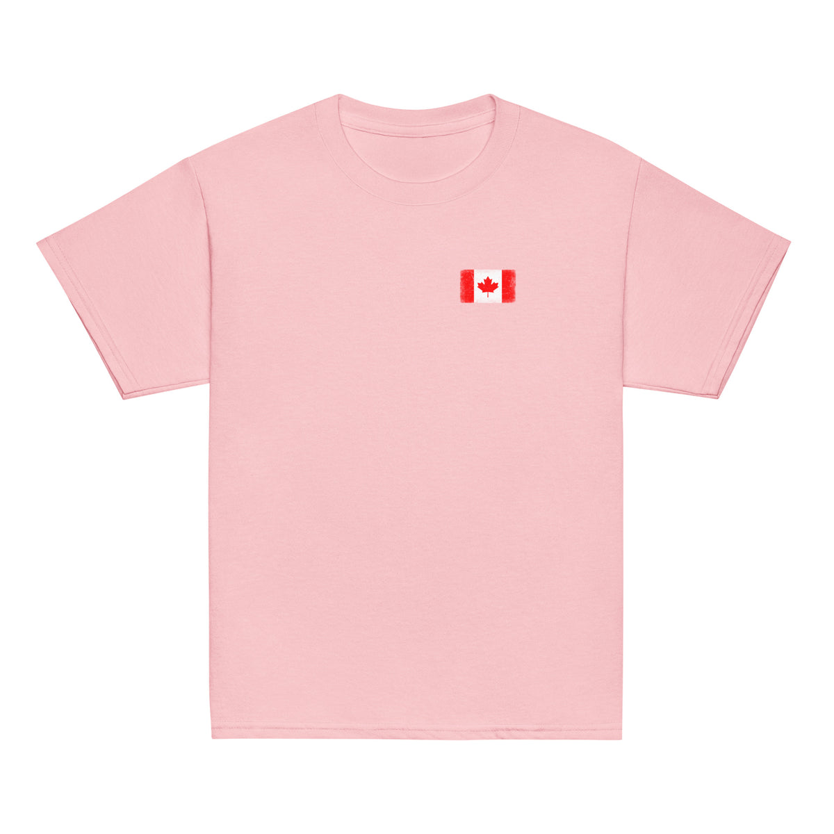 Canada flag t-shirt in Light Pink, vintage-washed print, small flag on the left chest, kids cut, front view
