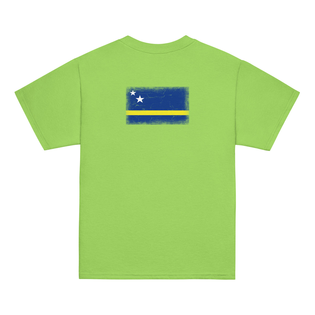 Curaçao flag t-shirt in Lime, vintage-washed print, flag across the upper back, kids cut, back view
