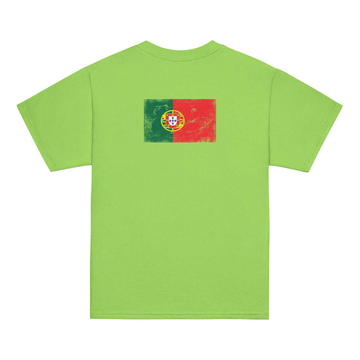 Portugal flag t-shirt in Lime, vintage-washed print, flag across the upper back, kids cut, back view