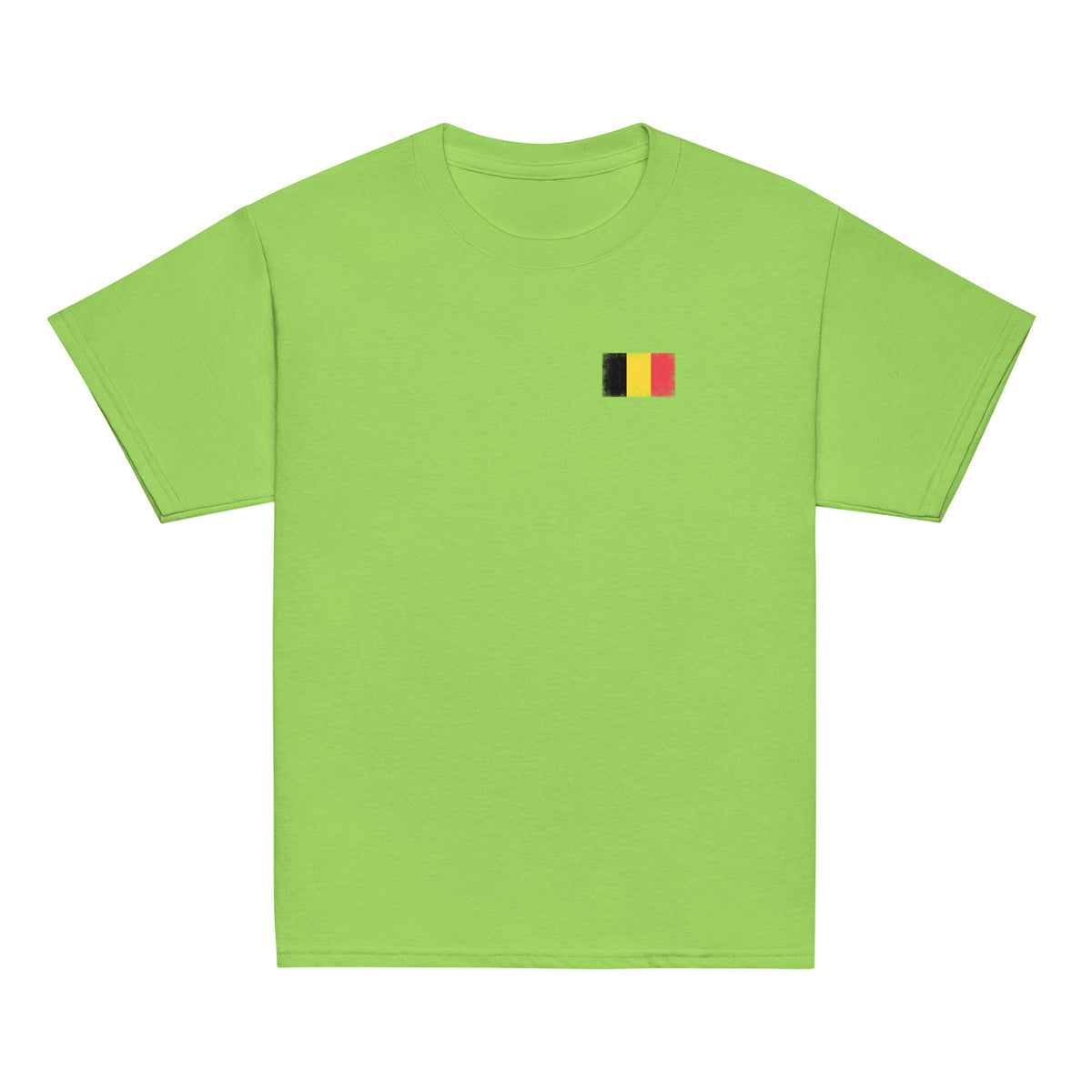 Belgium flag t-shirt in Lime, vintage-washed print, small flag on the left chest, kids cut, front view