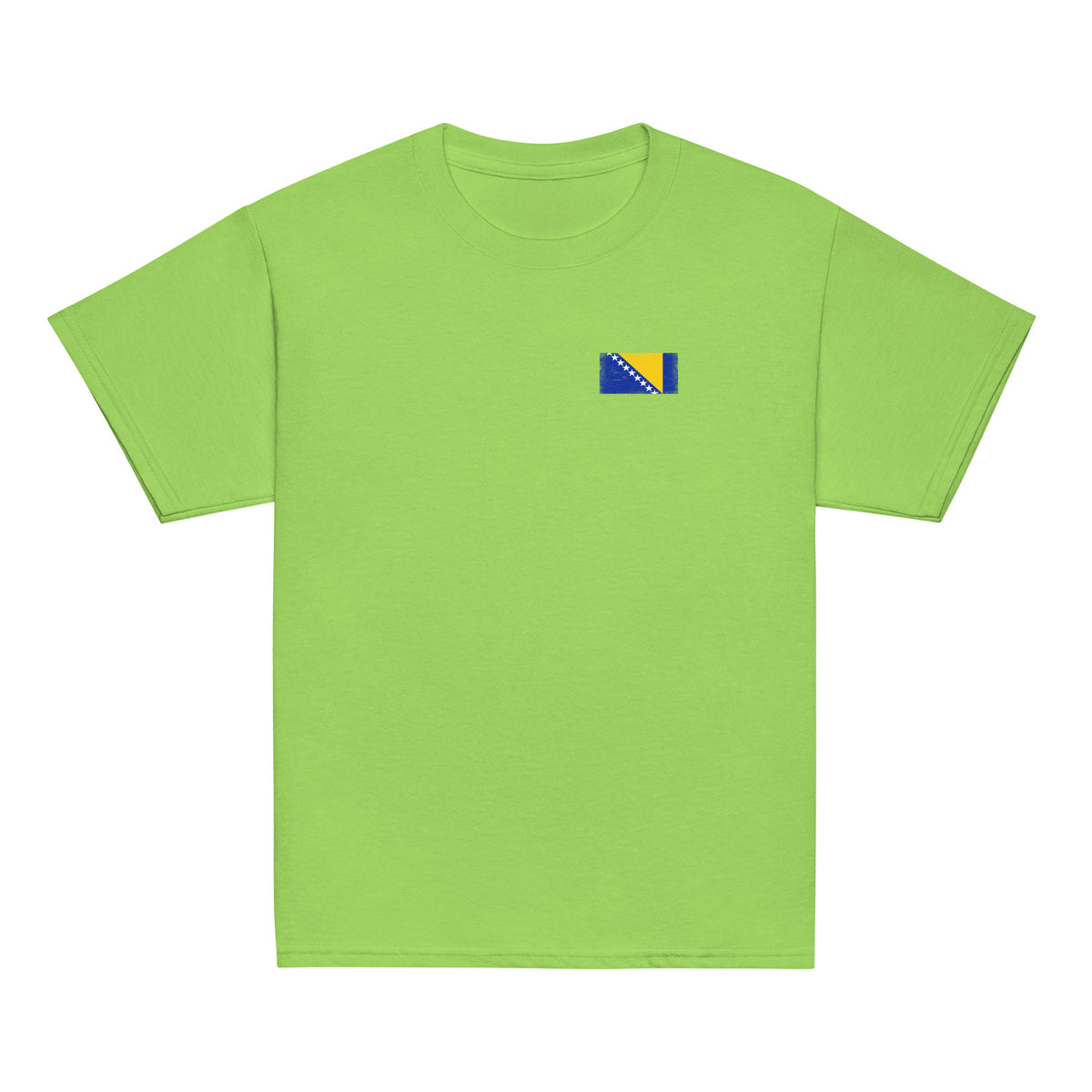 Bosnia and Herzegovina flag t-shirt in Lime, vintage-washed print, small flag on the left chest, kids cut, front view