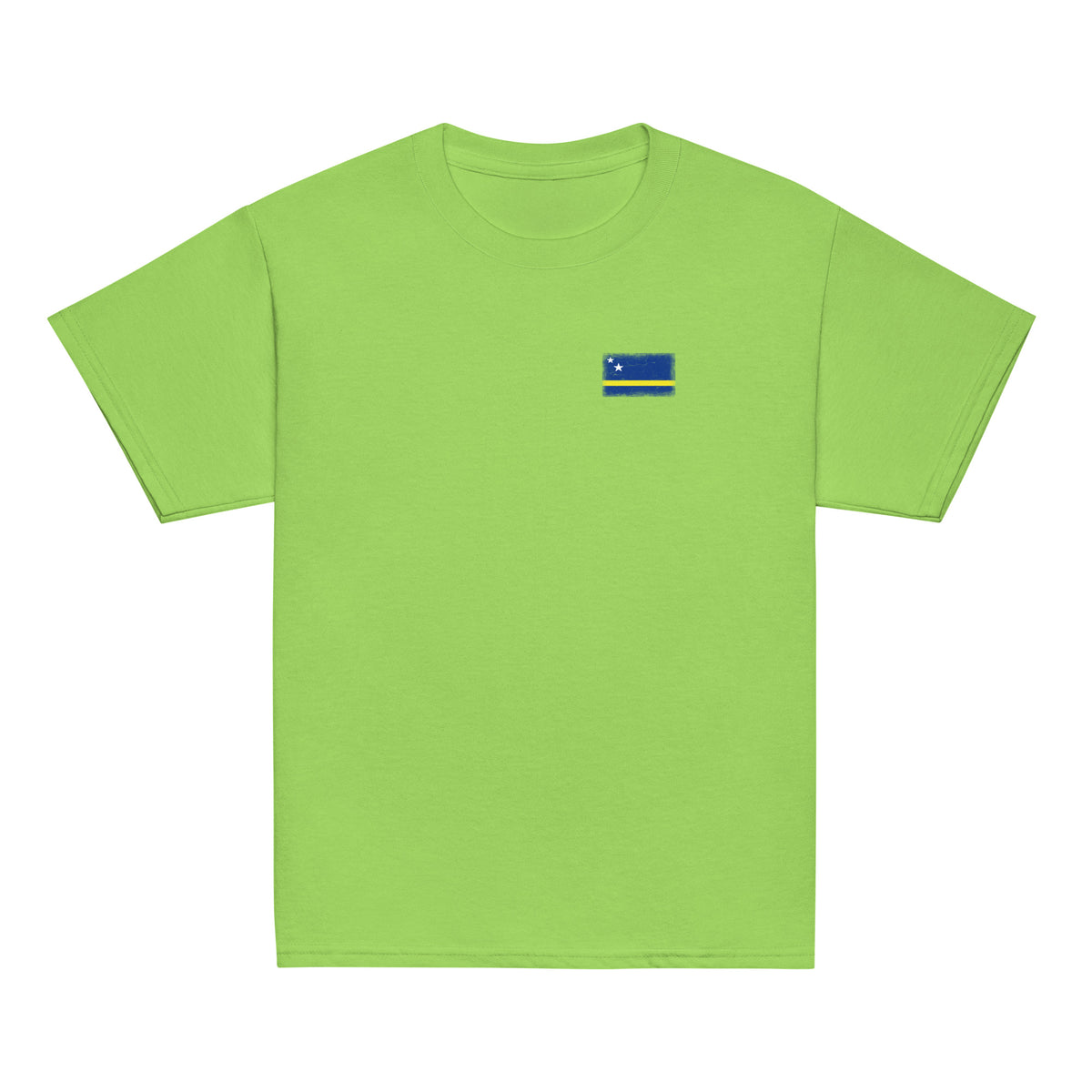 Curaçao flag t-shirt in Lime, vintage-washed print, small flag on the left chest, kids cut, front view