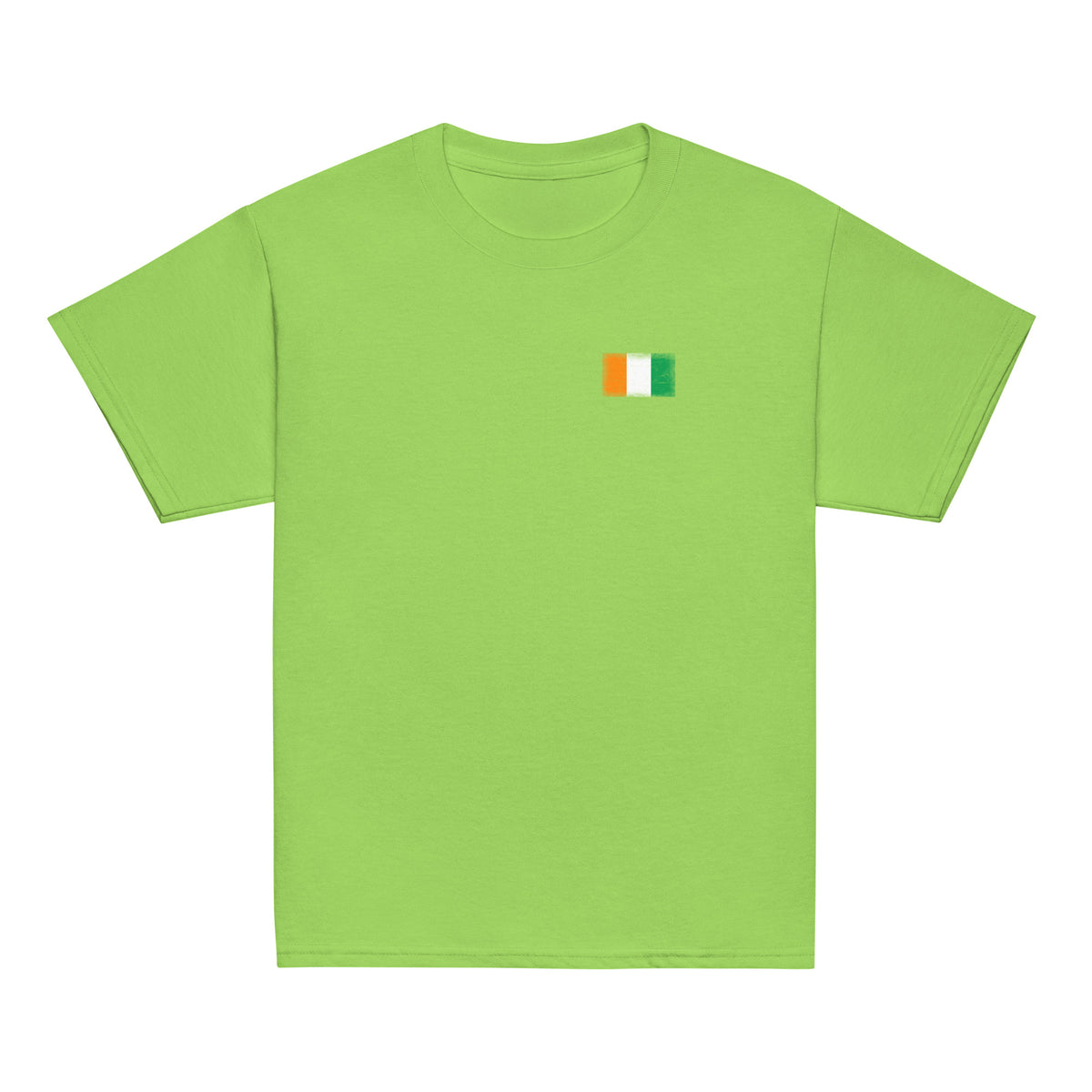 Côte d'Ivoire flag t-shirt in Lime, vintage-washed print, small flag on the left chest, kids cut, front view