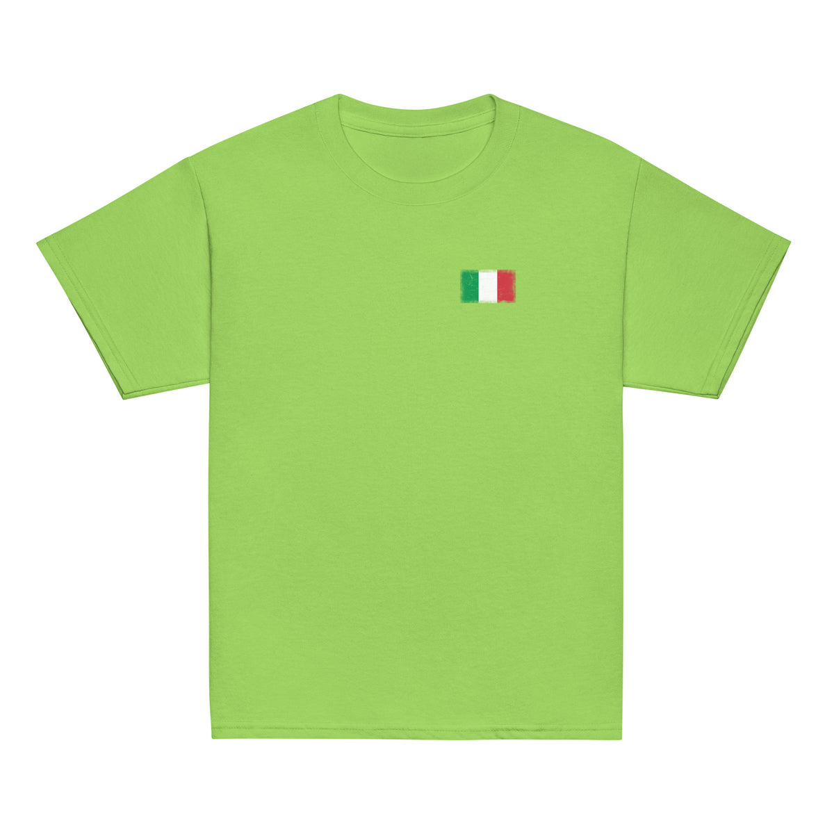 Italy flag t-shirt in Lime, vintage-washed print, small flag on the left chest, kids cut, front view