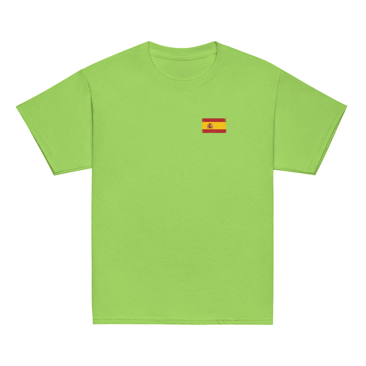 Spain flag t-shirt in Lime, vintage-washed print, small flag on the left chest, kids cut, front view