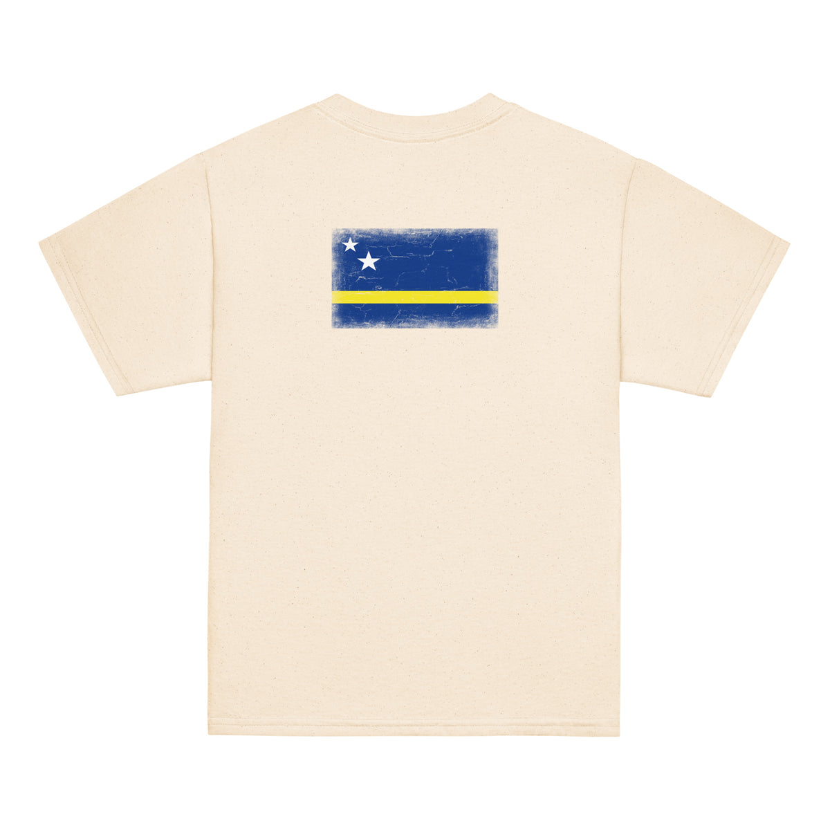 Curaçao flag t-shirt in Natural, vintage-washed print, flag across the upper back, kids cut, back view