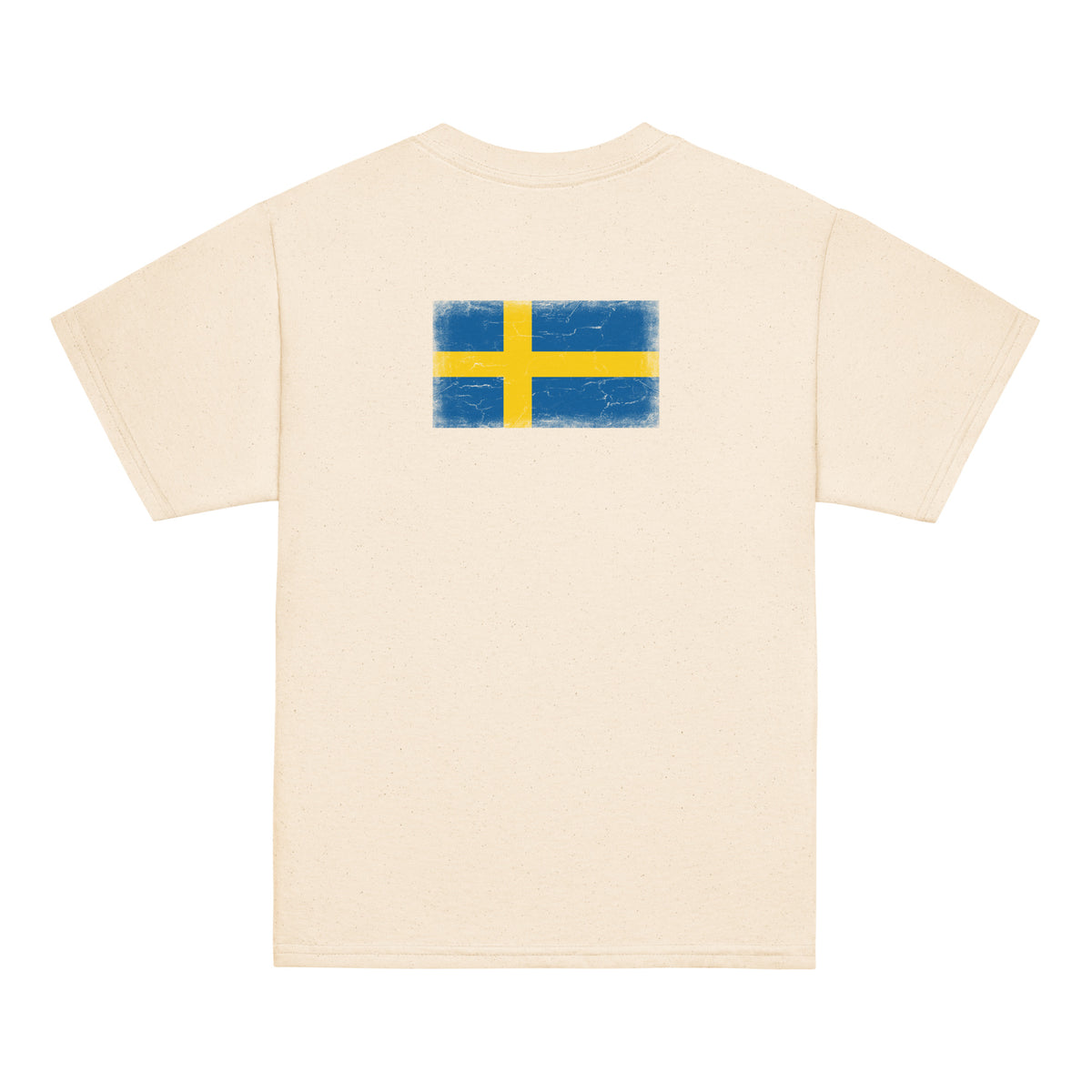 Sweden flag t-shirt in Natural, vintage-washed print, flag across the upper back, kids cut, back view