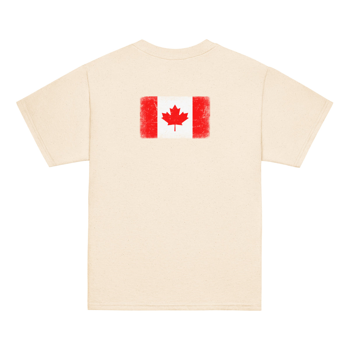 Canada flag t-shirt in Natural, vintage-washed print, flag across the upper back, kids cut, back view