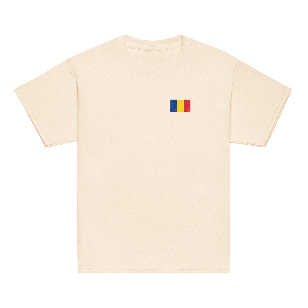 Romania flag t-shirt in Natural, vintage-washed print, small flag on the left chest, kids cut, front view