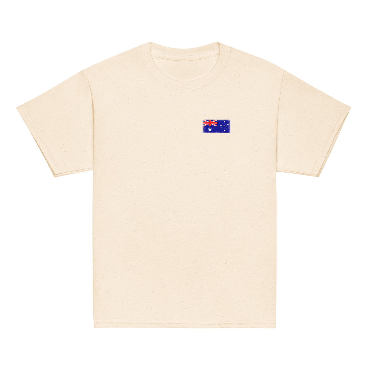 Australia flag t-shirt in Natural, vintage-washed print, small flag on the left chest, kids cut, front view