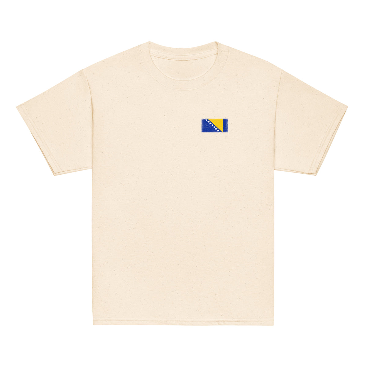 Bosnia and Herzegovina flag t-shirt in Natural, vintage-washed print, small flag on the left chest, kids cut, front view