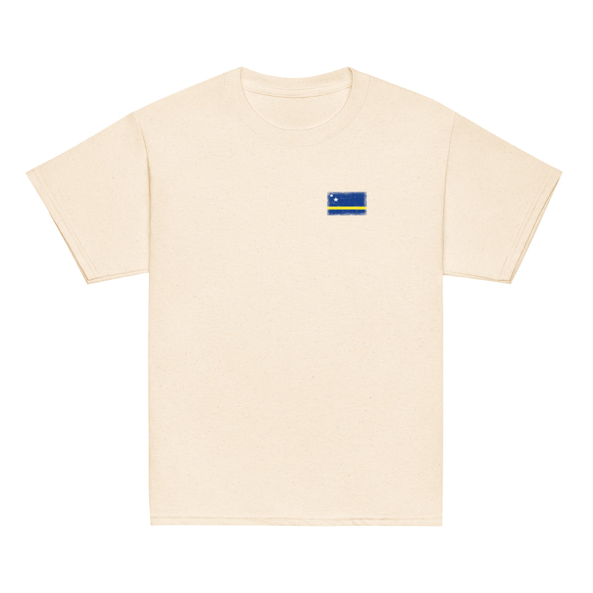 Curaçao flag t-shirt in Natural, vintage-washed print, small flag on the left chest, kids cut, front view