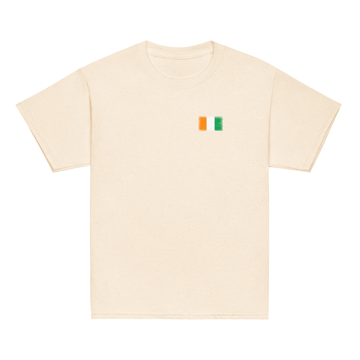 Côte d'Ivoire flag t-shirt in Natural, vintage-washed print, small flag on the left chest, kids cut, front view
