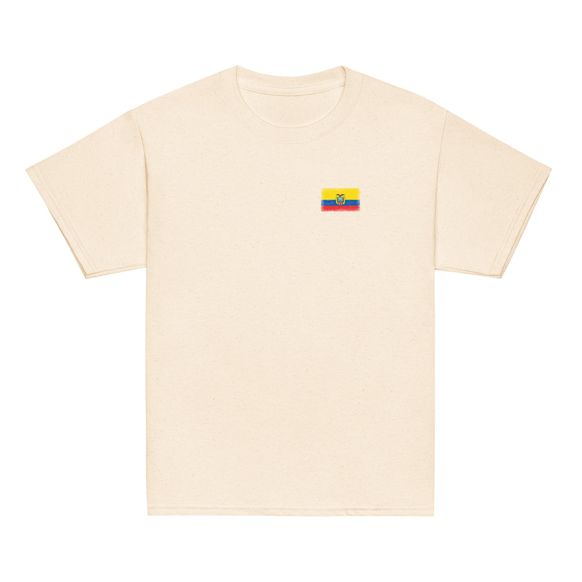 Ecuador flag t-shirt in Natural, vintage-washed print, small flag on the left chest, kids cut, front view