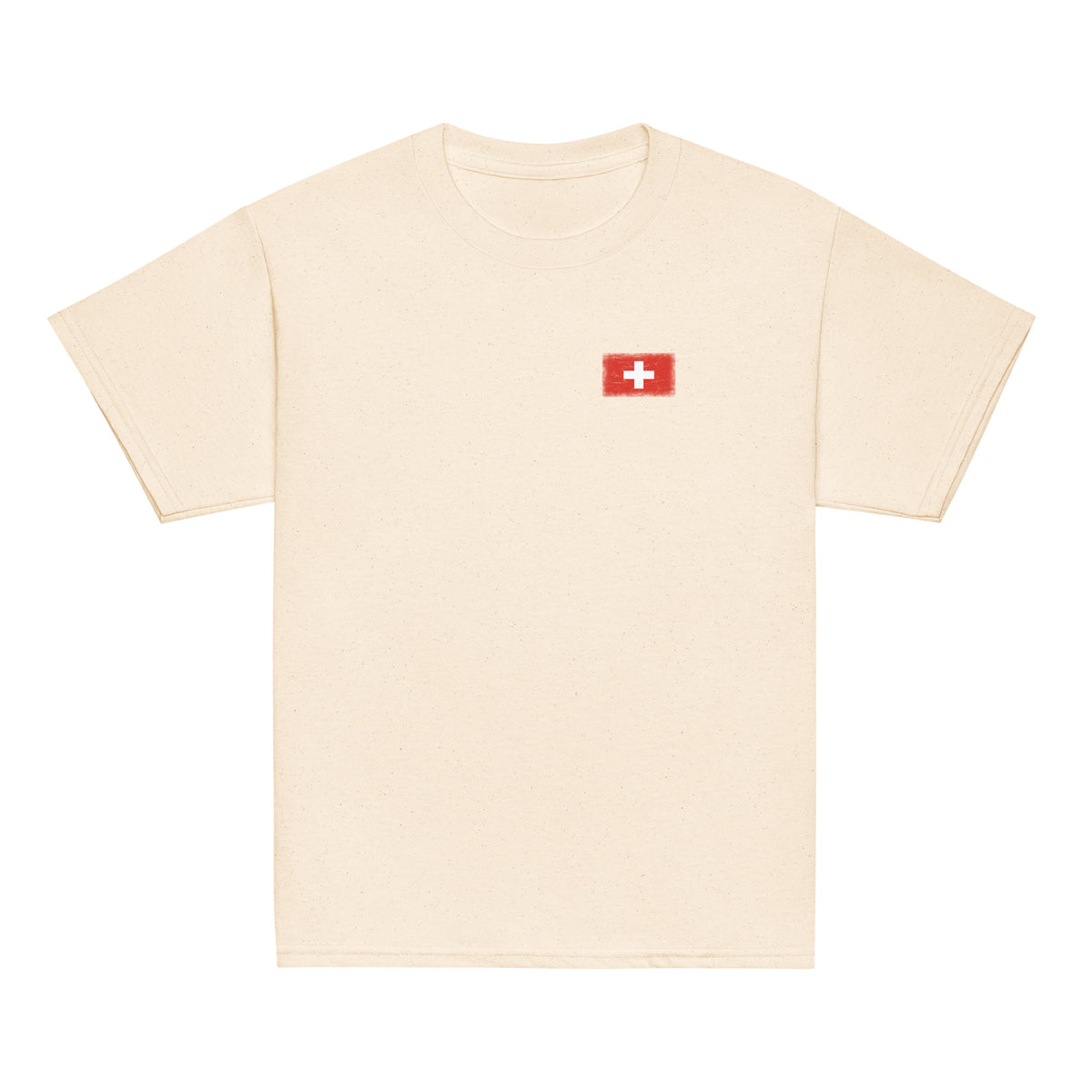 Switzerland flag t-shirt in Natural, vintage-washed print, small flag on the left chest, kids cut, front view