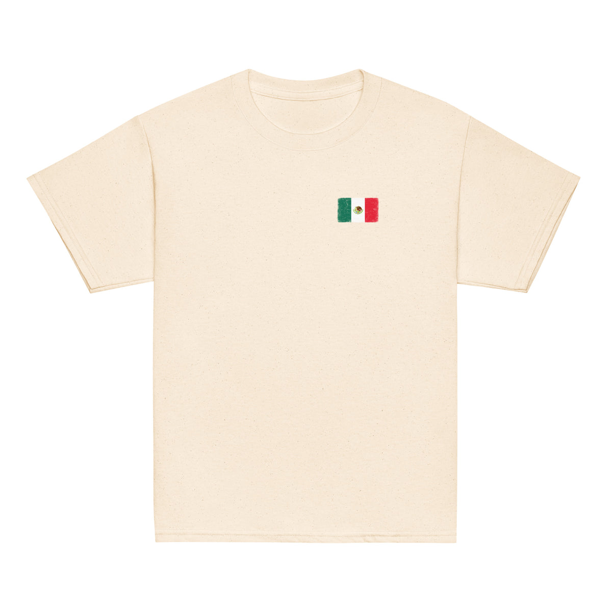 Mexico flag t-shirt in Natural, vintage-washed print, small flag on the left chest, kids cut, front view