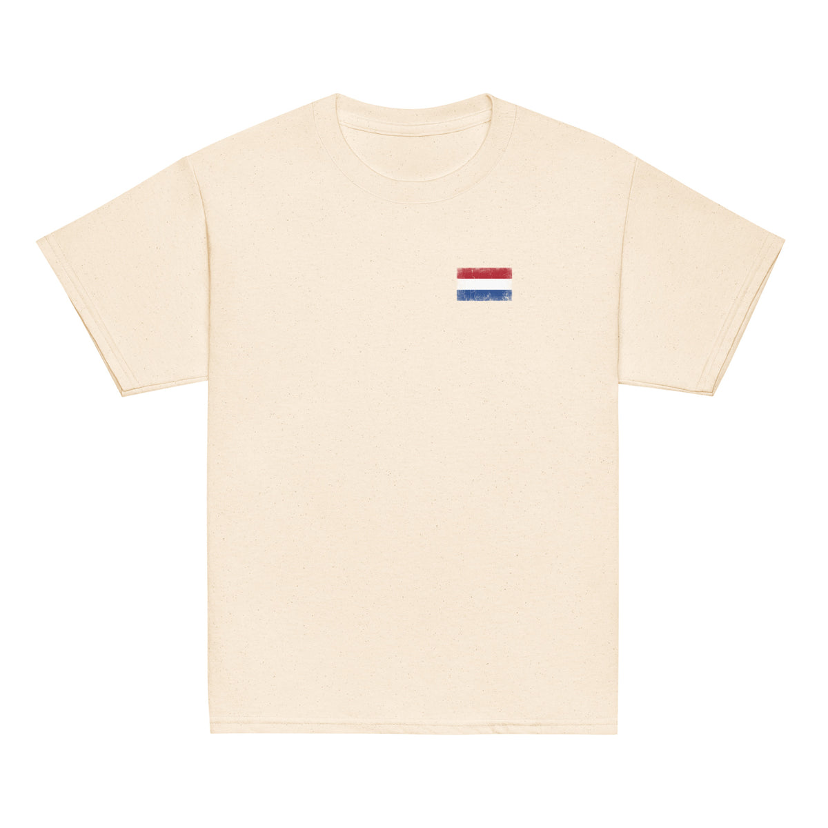 Netherlands flag t-shirt in Natural, vintage-washed print, small flag on the left chest, kids cut, front view