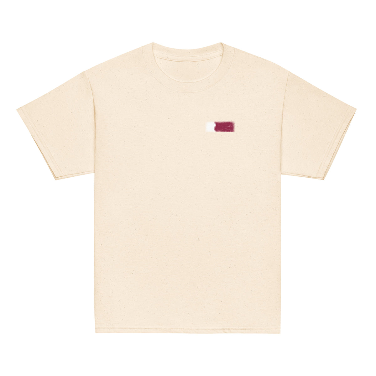 Qatar flag t-shirt in Natural, vintage-washed print, small flag on the left chest, kids cut, front view
