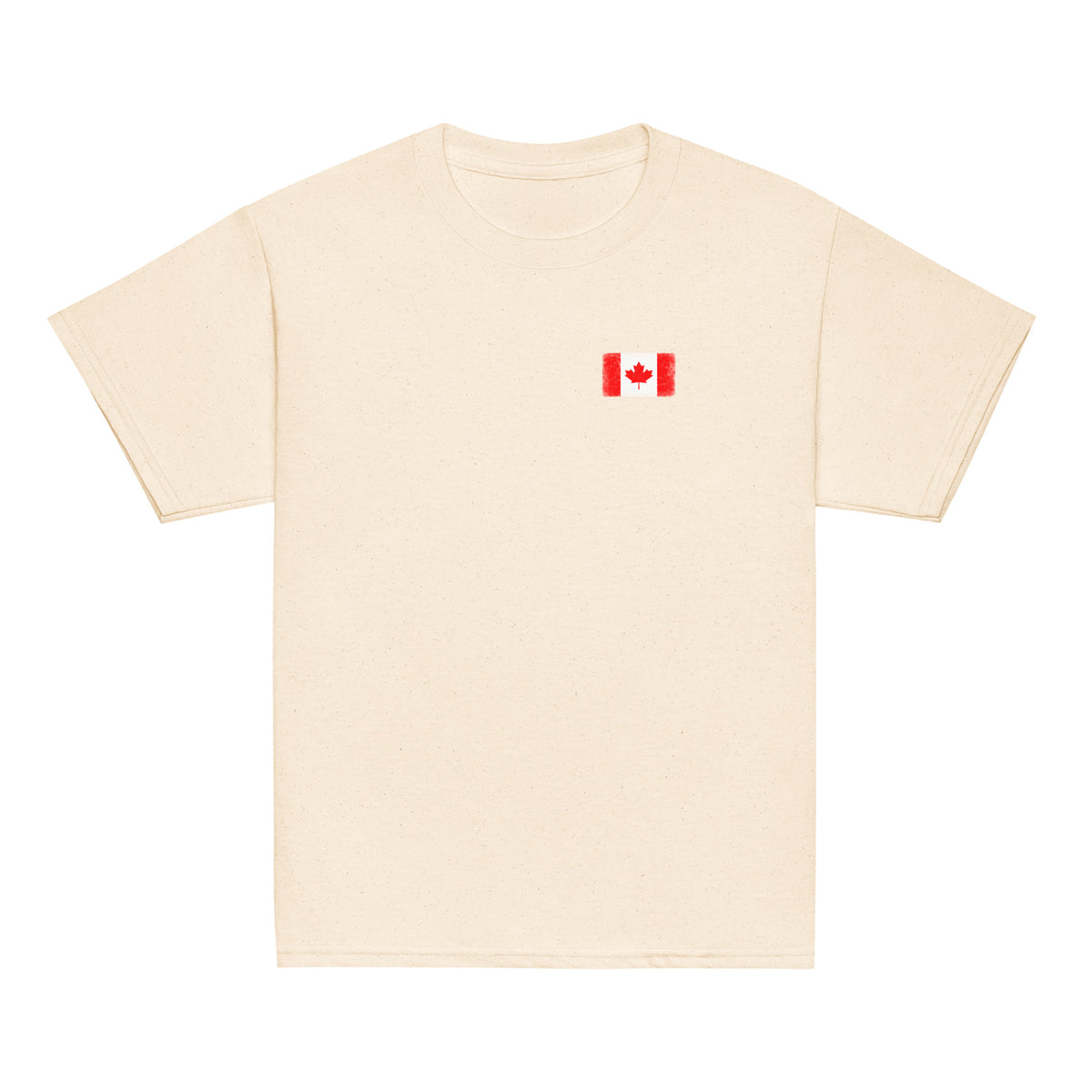 Canada flag t-shirt in Natural, vintage-washed print, small flag on the left chest, kids cut, front view