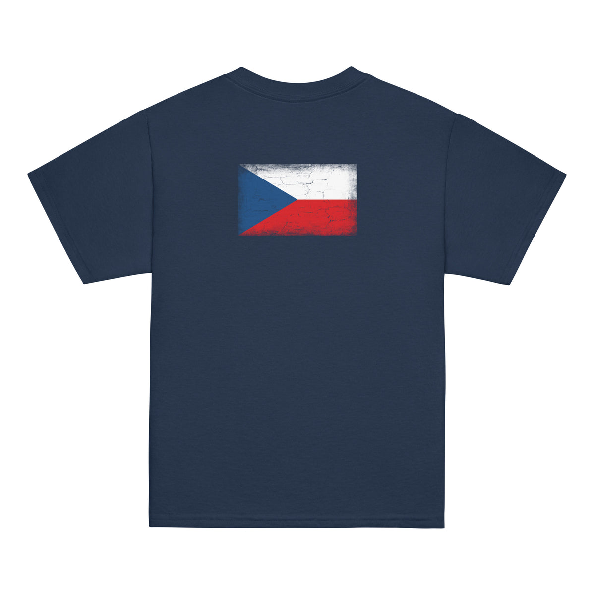 Czechia flag t-shirt in Navy, vintage-washed print, flag across the upper back, kids cut, back view