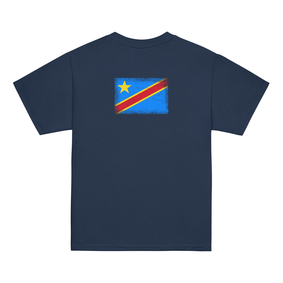 Congo flag t-shirt in Navy, vintage-washed print, flag across the upper back, kids cut, back view