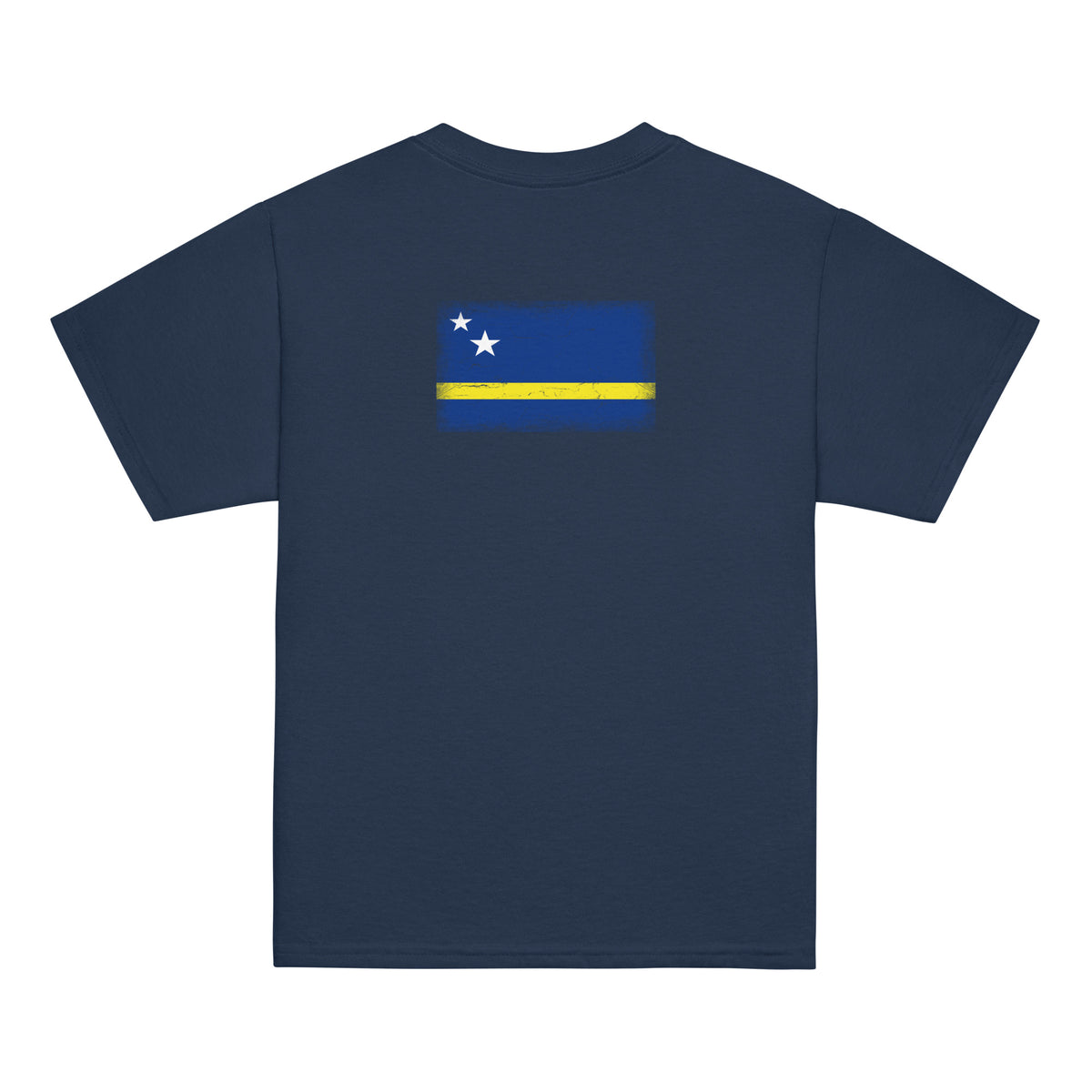 Curaçao flag t-shirt in Navy, vintage-washed print, flag across the upper back, kids cut, back view