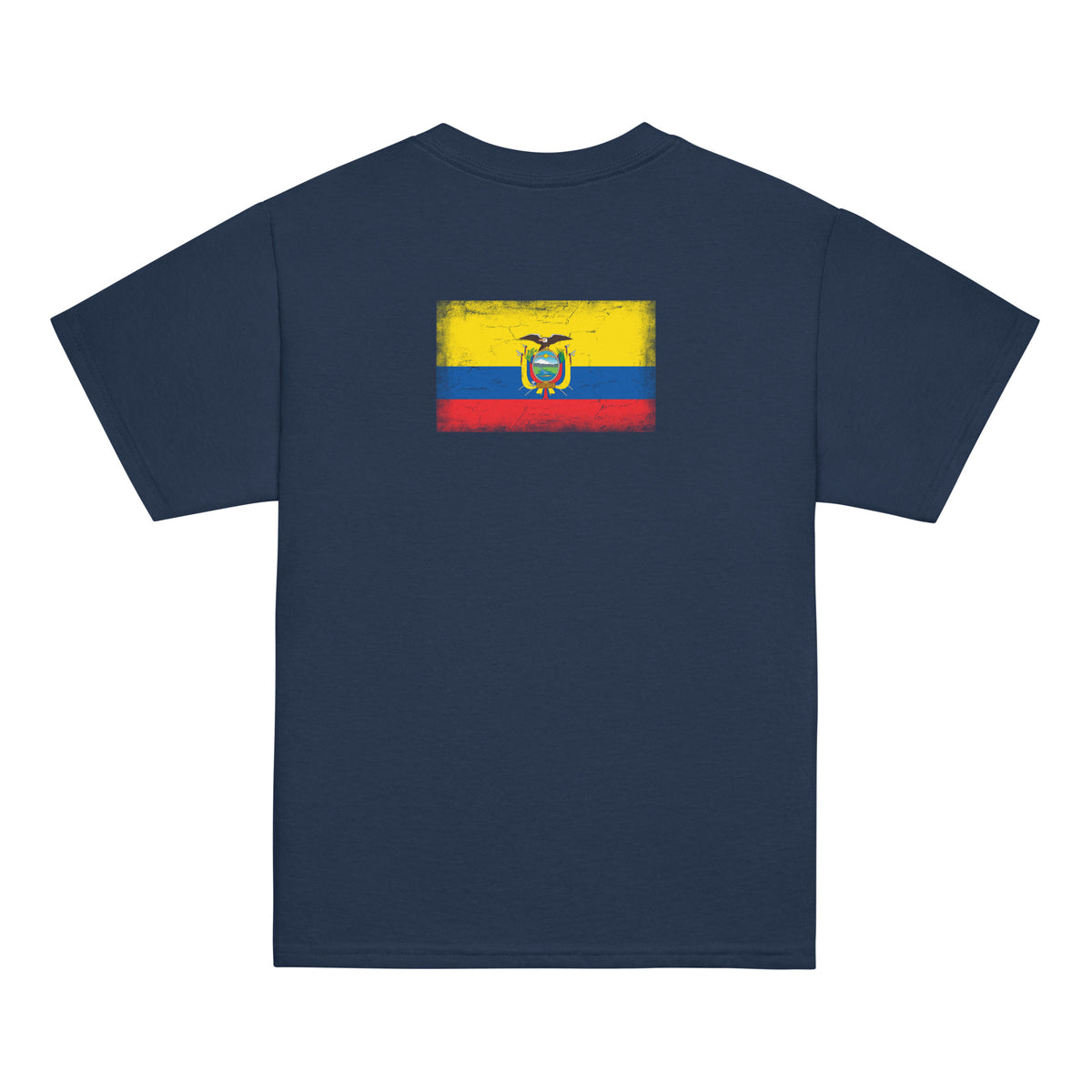 Ecuador flag t-shirt in Navy, vintage-washed print, flag across the upper back, kids cut, back view