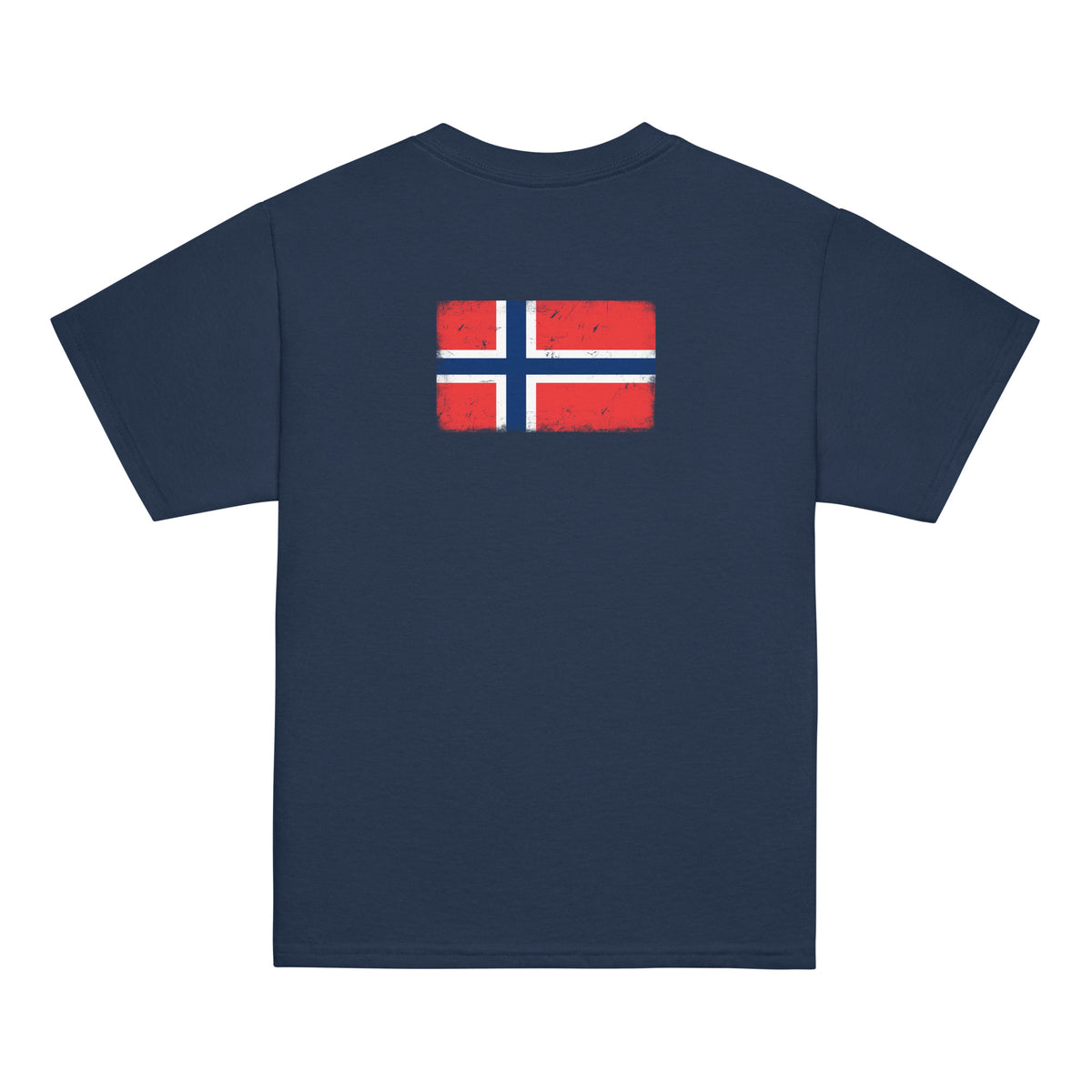 Norway flag t-shirt in Navy, vintage-washed print, flag across the upper back, kids cut, back view
