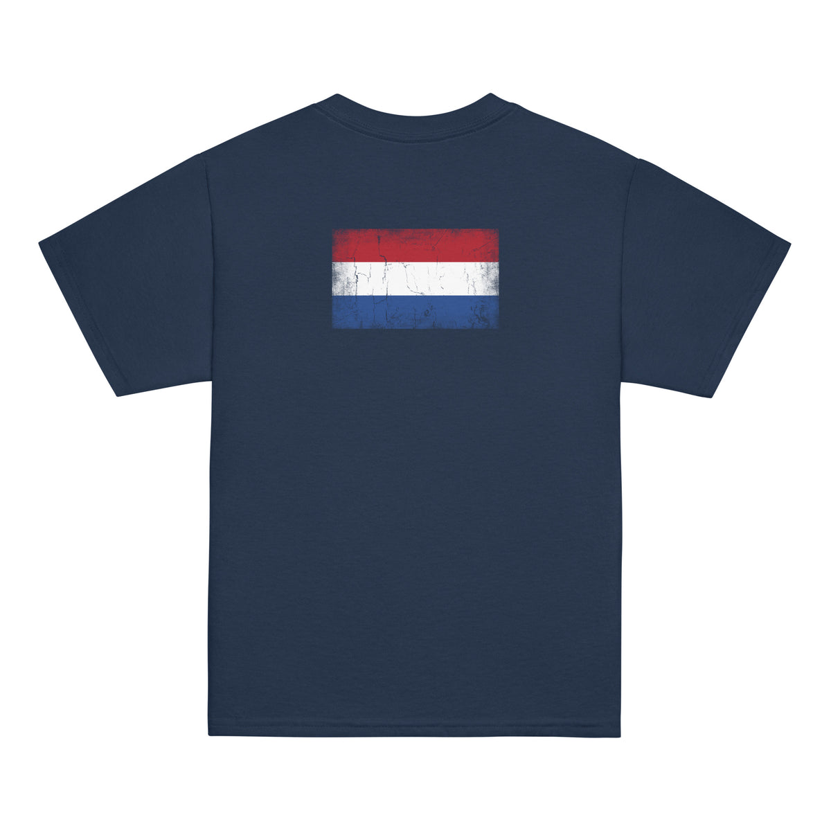 Netherlands flag t-shirt in Navy, vintage-washed print, flag across the upper back, kids cut, back view