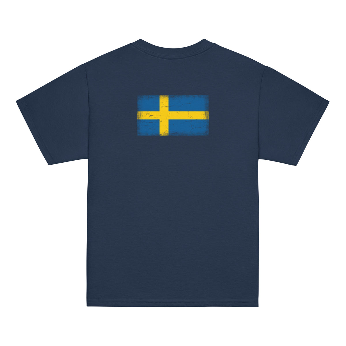 Sweden flag t-shirt in Navy, vintage-washed print, flag across the upper back, kids cut, back view