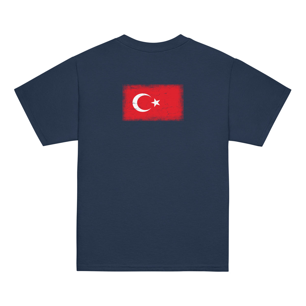 Turkey flag t-shirt in Navy, vintage-washed print, flag across the upper back, kids cut, back view