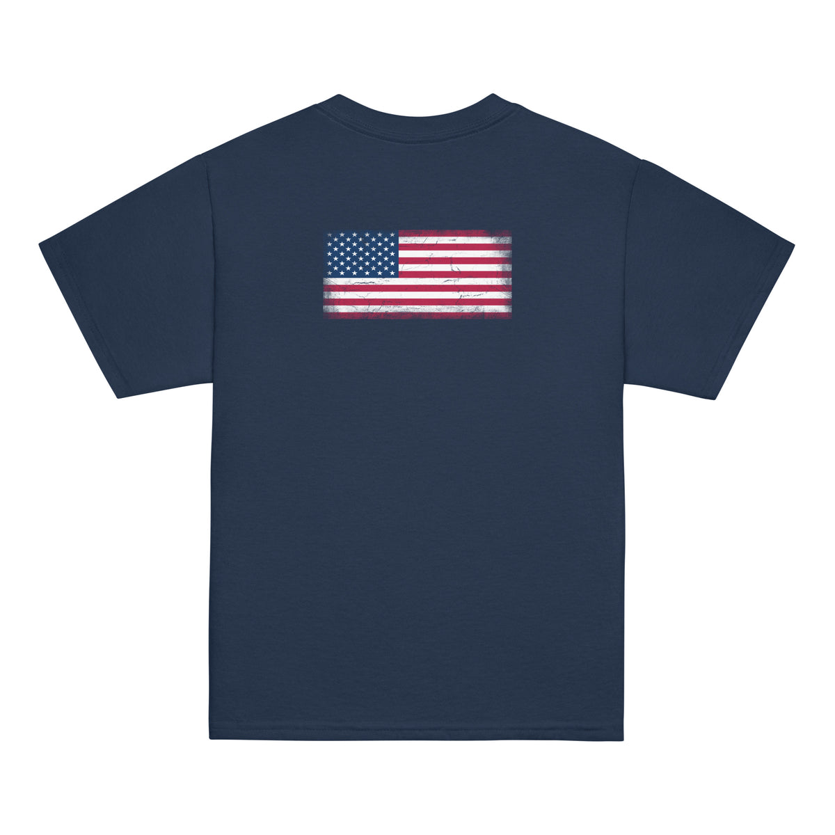 USA flag t-shirt in Navy, vintage-washed print, flag across the upper back, kids cut, back view
