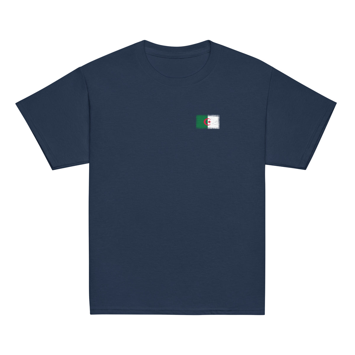 Algeria flag t-shirt in Navy, vintage-washed print, small flag on the left chest, kids cut, front view