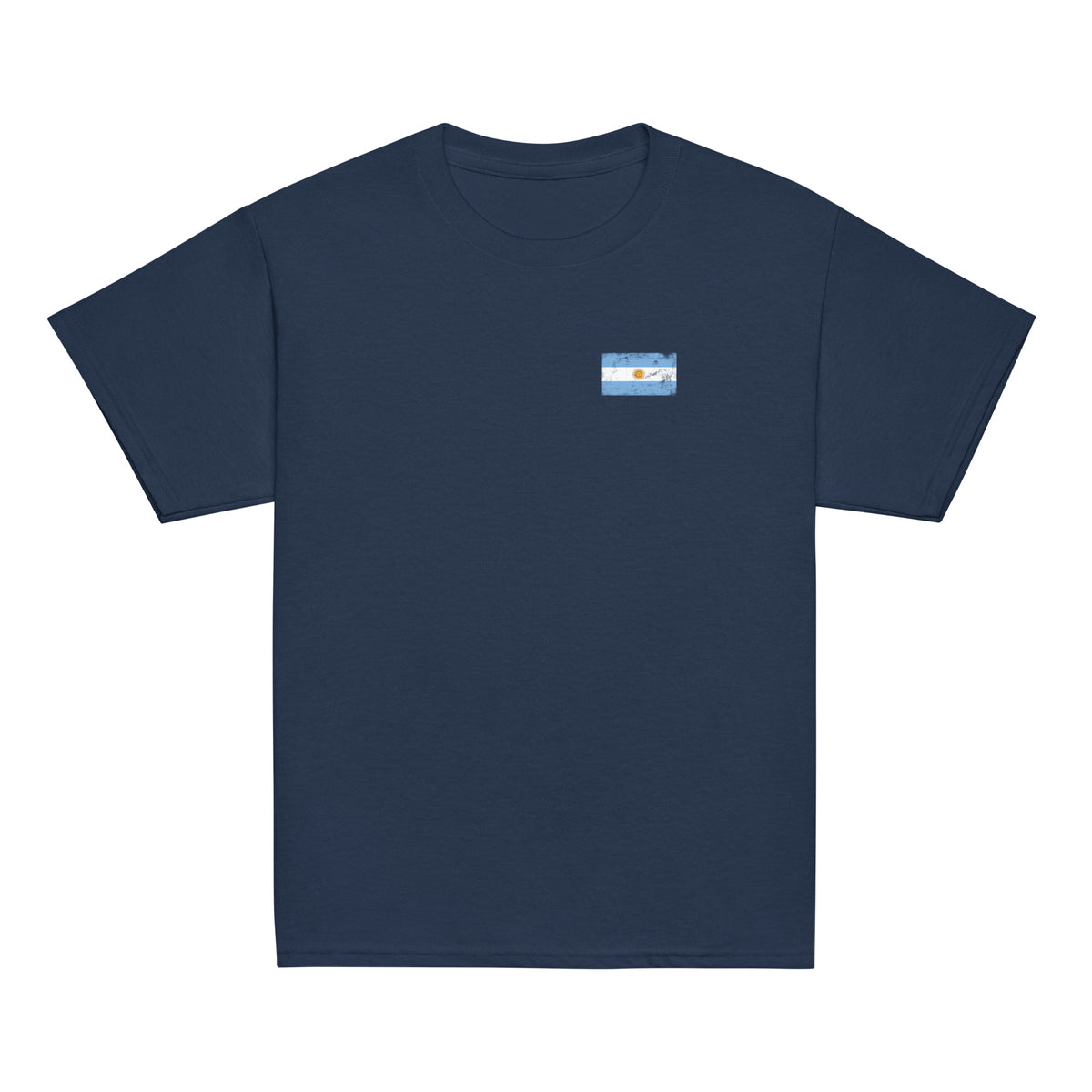 Argentina flag t-shirt in Navy, vintage-washed print, small flag on the left chest, kids cut, front view