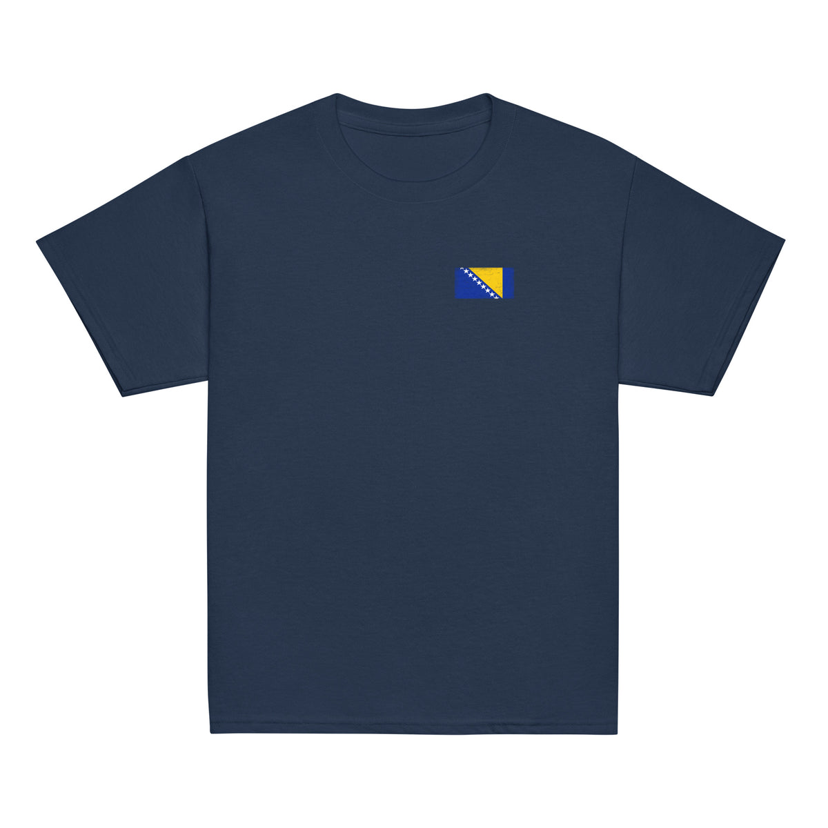 Bosnia and Herzegovina flag t-shirt in Navy, vintage-washed print, small flag on the left chest, kids cut, front view