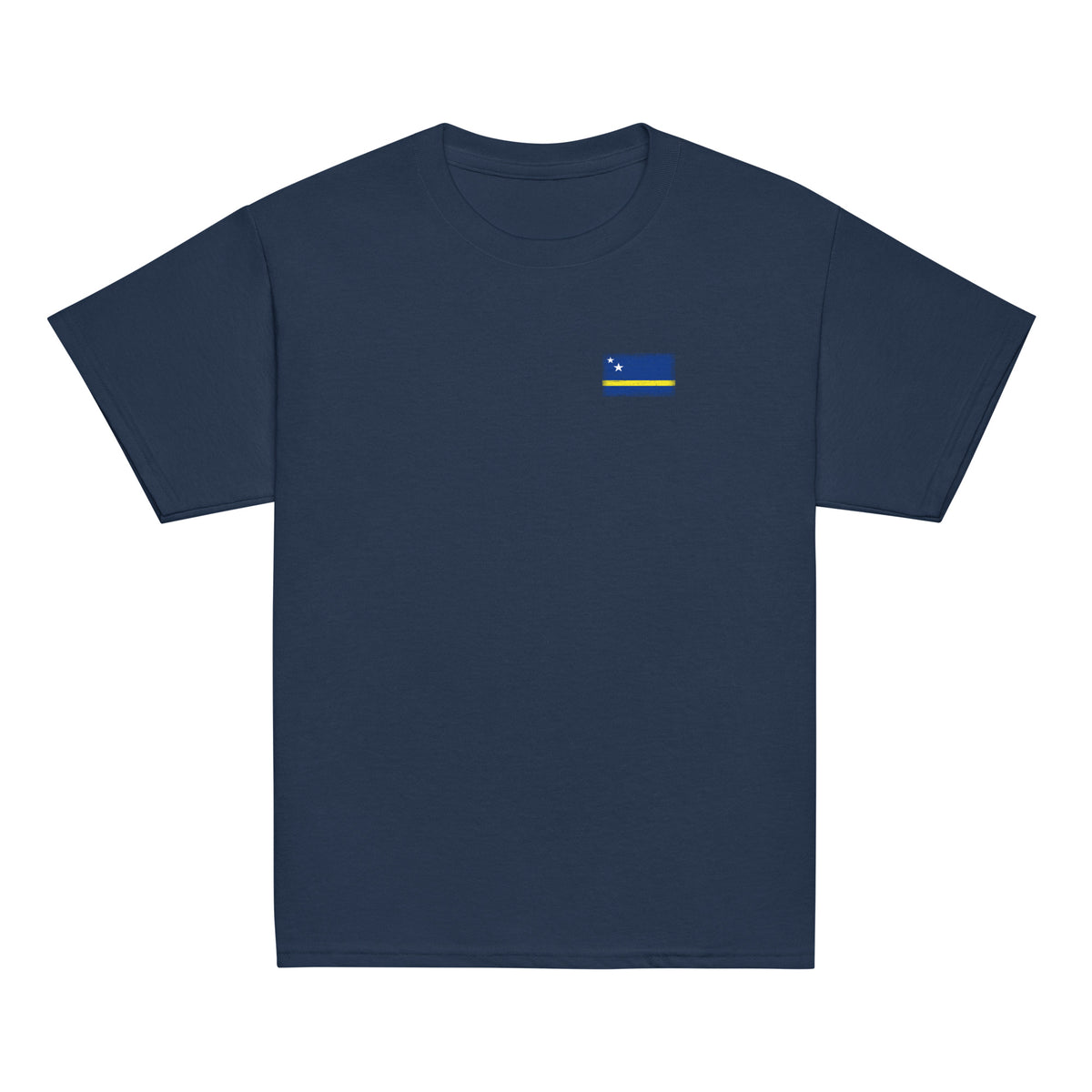 Curaçao flag t-shirt in Navy, vintage-washed print, small flag on the left chest, kids cut, front view