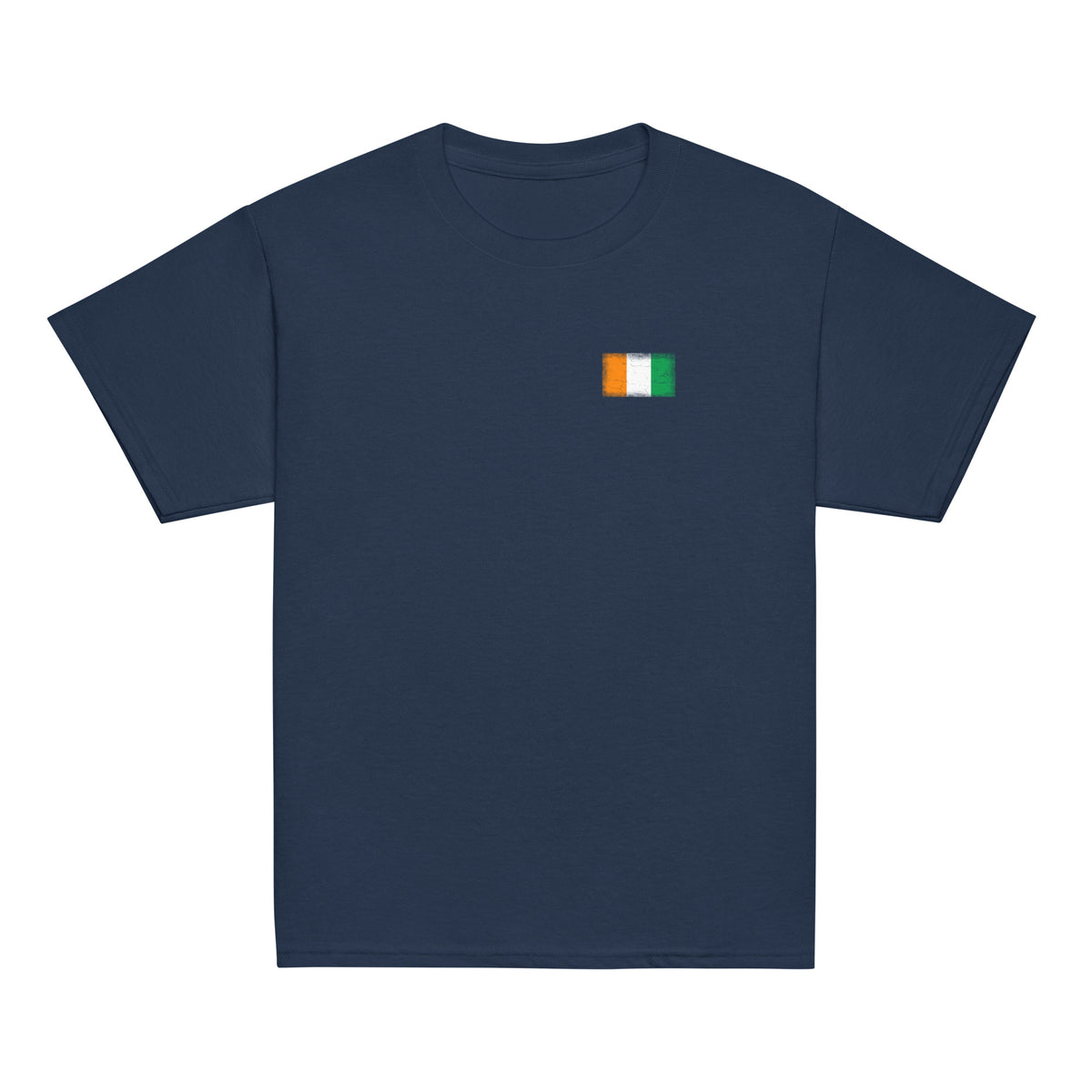 Côte d'Ivoire flag t-shirt in Navy, vintage-washed print, small flag on the left chest, kids cut, front view