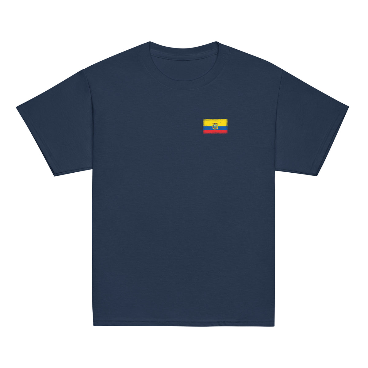 Ecuador flag t-shirt in Navy, vintage-washed print, small flag on the left chest, kids cut, front view
