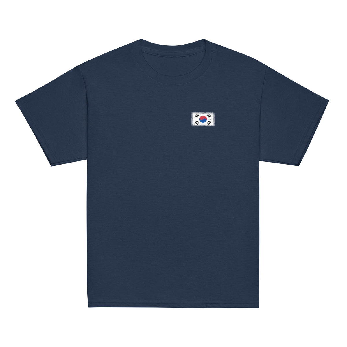 South Korea flag t-shirt in Navy, vintage-washed print, small flag on the left chest, kids cut, front view