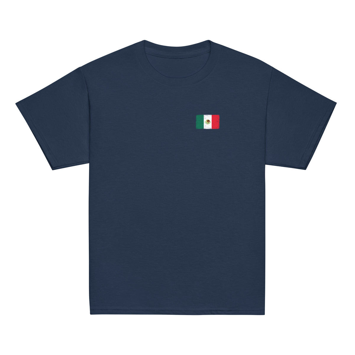 Mexico flag t-shirt in Navy, vintage-washed print, small flag on the left chest, kids cut, front view