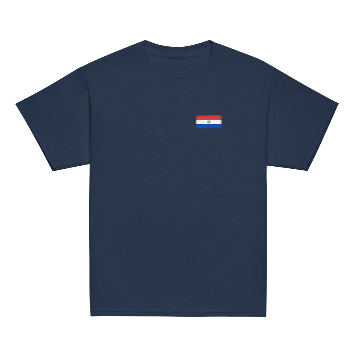 Paraguay flag t-shirt in Navy, vintage-washed print, small flag on the left chest, kids cut, front view