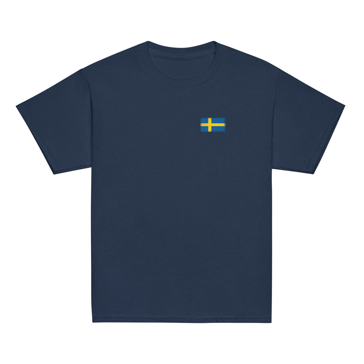 Sweden flag t-shirt in Navy, vintage-washed print, small flag on the left chest, kids cut, front view