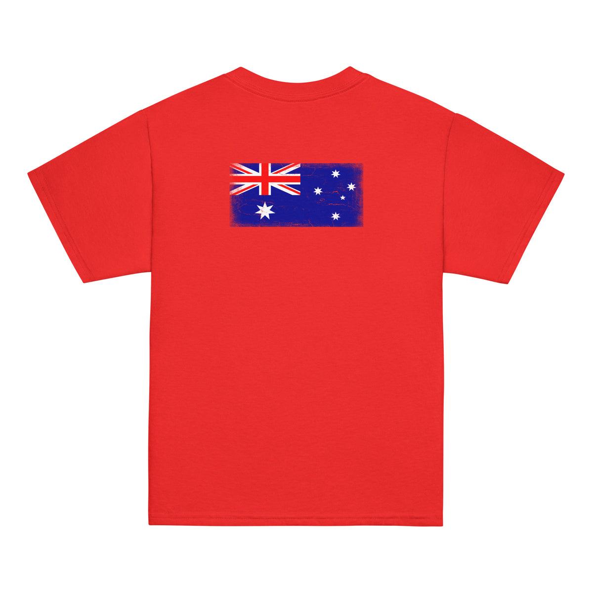 Australia flag t-shirt in Red, vintage-washed print, flag across the upper back, kids cut, back view