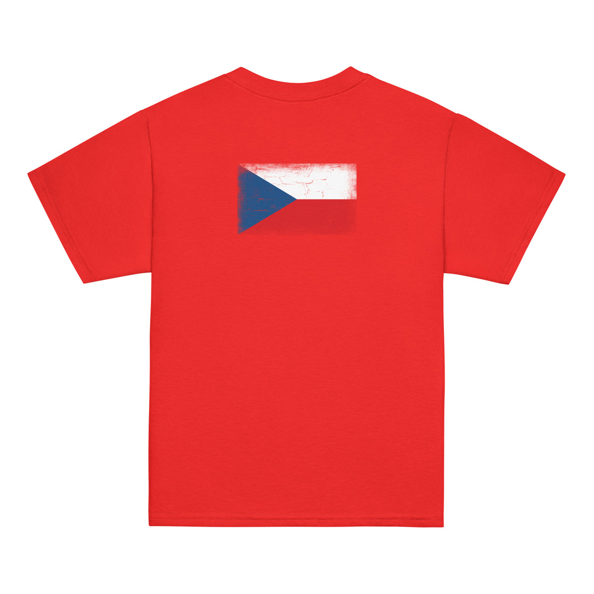 Czechia flag t-shirt in Red, vintage-washed print, flag across the upper back, kids cut, back view