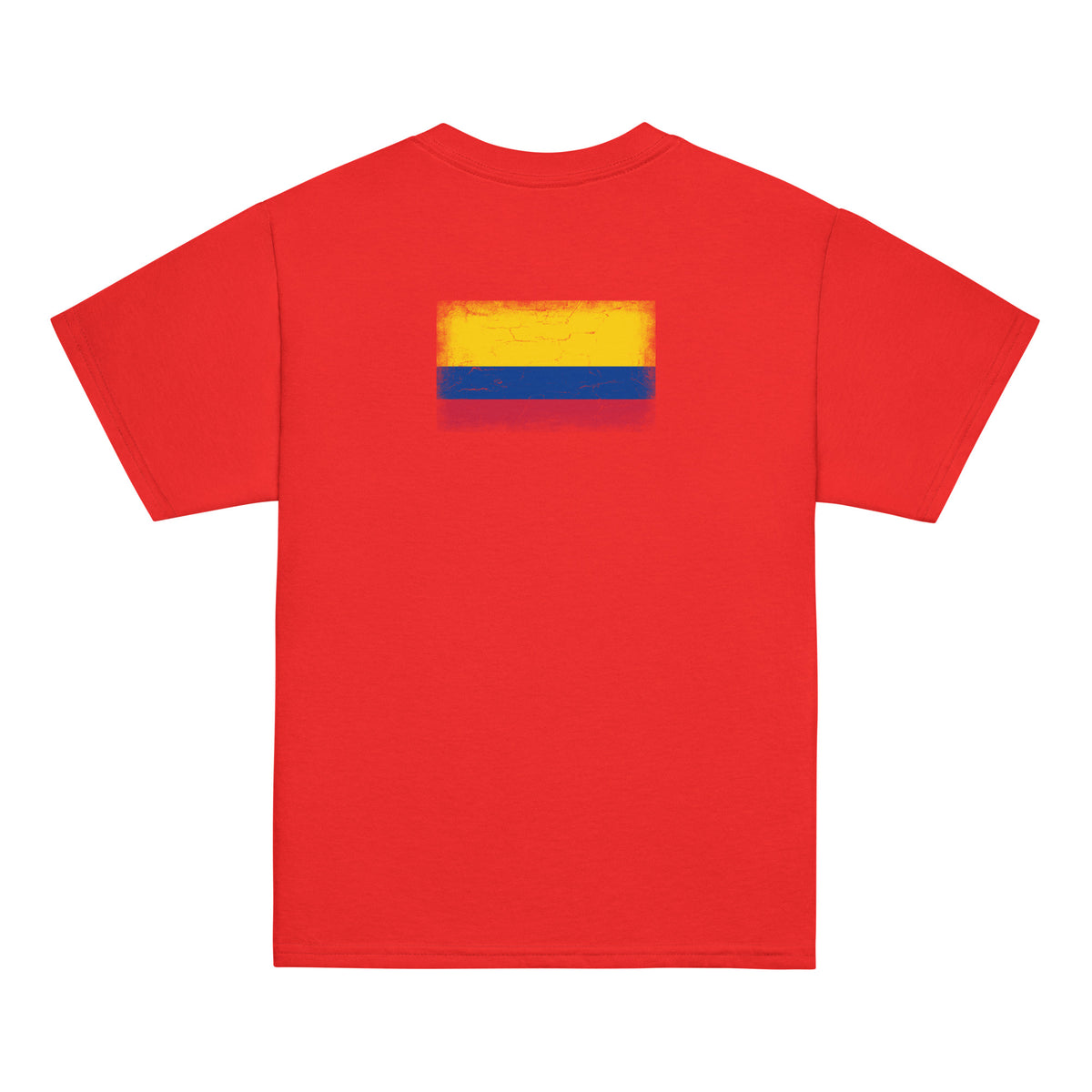 Colombia flag t-shirt in Red, vintage-washed print, flag across the upper back, kids cut, back view