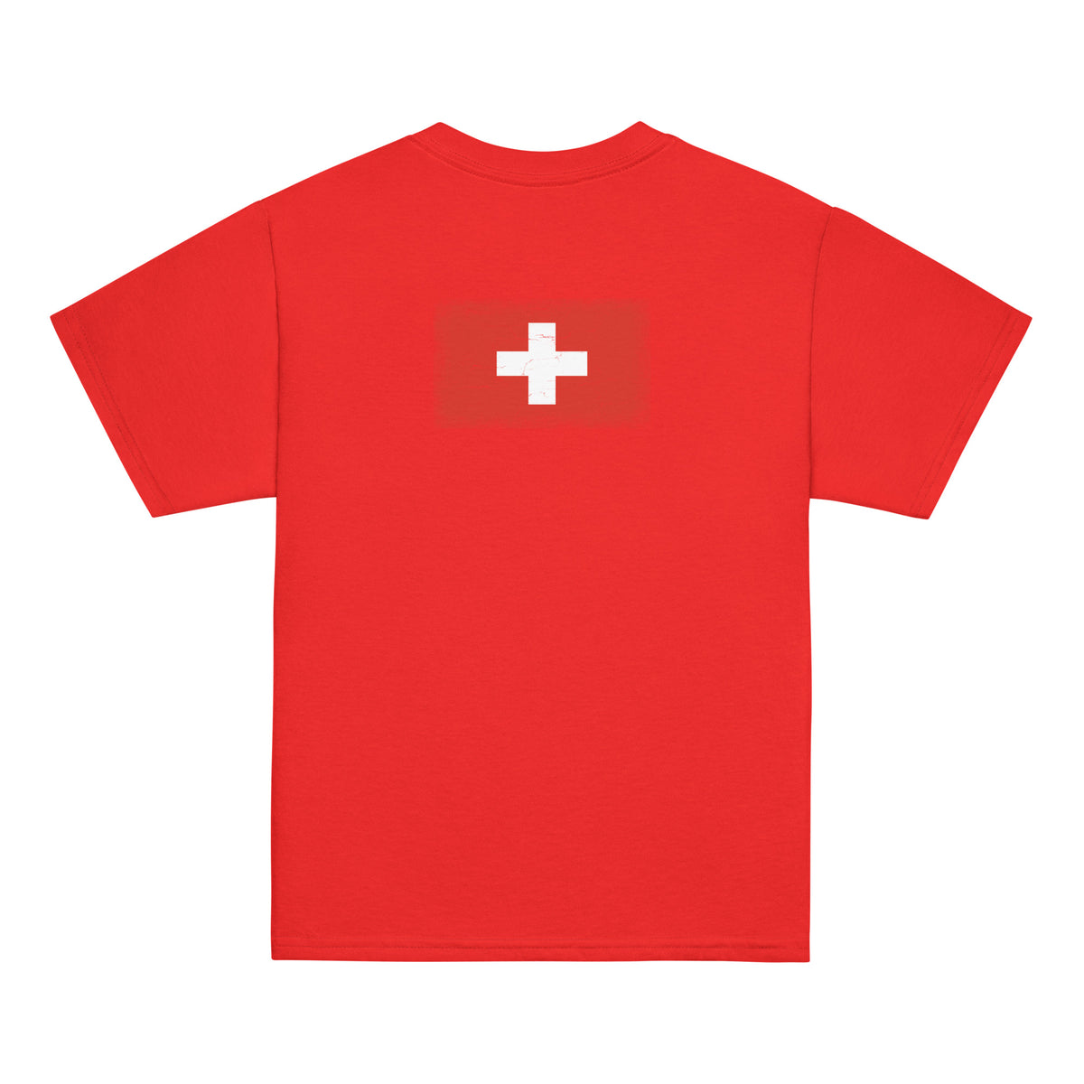 Switzerland flag t-shirt in Red, vintage-washed print, flag across the upper back, kids cut, back view