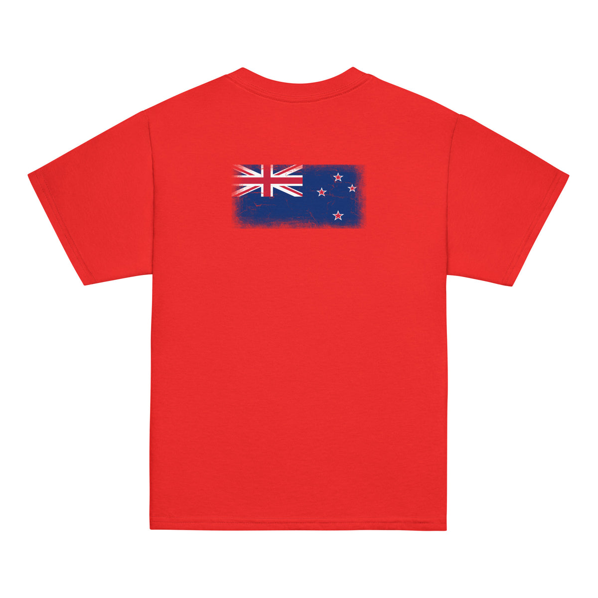 New Zealand flag t-shirt in Red, vintage-washed print, flag across the upper back, kids cut, back view