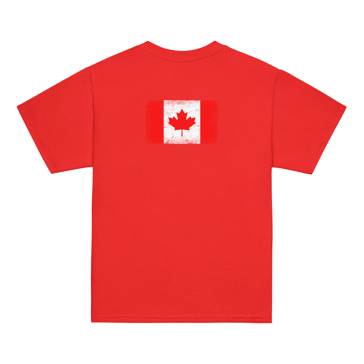 Canada flag t-shirt in Red, vintage-washed print, flag across the upper back, kids cut, back view
